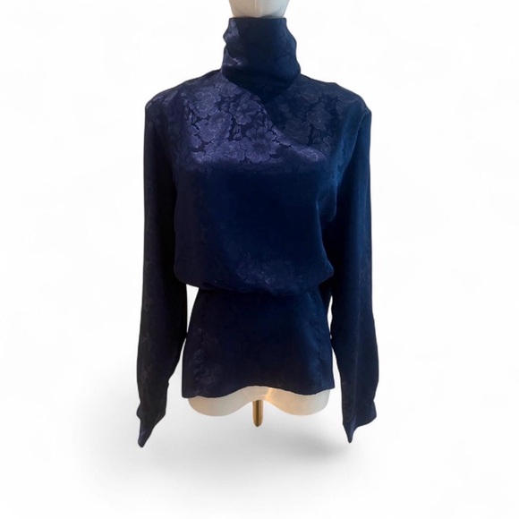 Tops - Navy High Neck Jacquard Blouse